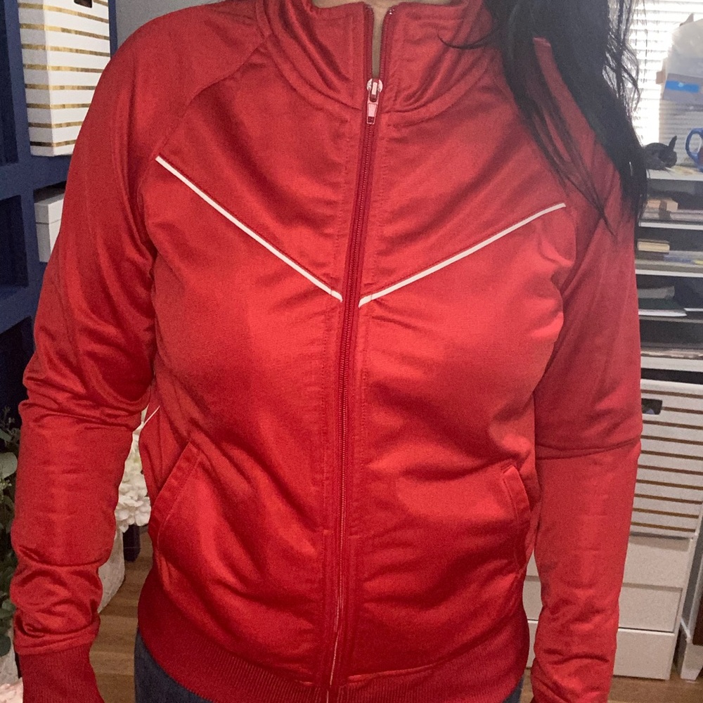 Red athletic bomber jacket